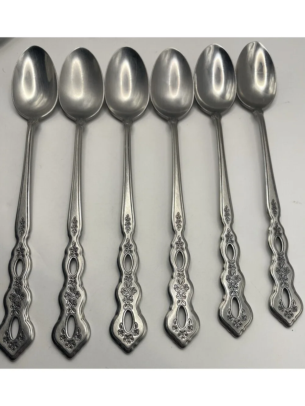 6- Oneida Community FANTASY Burnished Stainless Pierced Iced Tea spoon ~ 7 5/8”